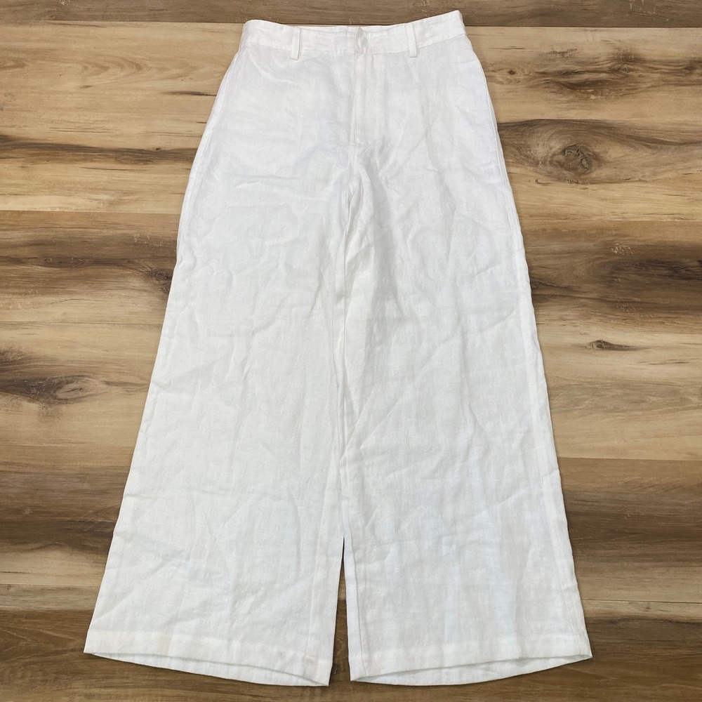 ROVE Pants Size M Wide Leg High Rise 100% Linen French Flax Resort Trouser White